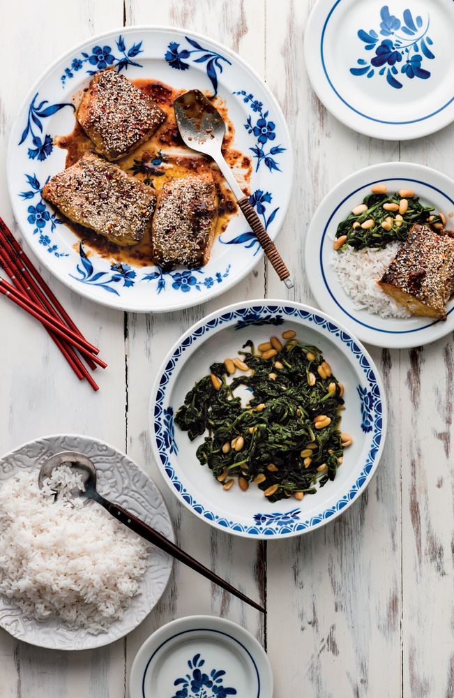 Dongbai Roast Cod with Stir-Fried Spinach & Peanuts from Mighty Spice Express Cookbook by John Grego