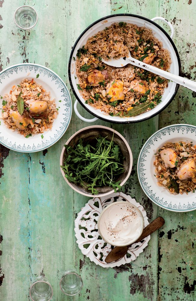 Saffron Chicken Mansaf with Tahini Yogurt & Green Salad from Mighty Spice Express Cookbook by John G
