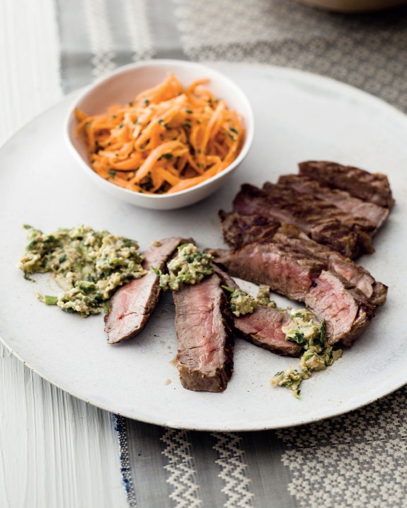 Korean Steaks with Carrot Kimchi & Sanjim from Mighty Spice Express Cookbook by John Gregory-Smith