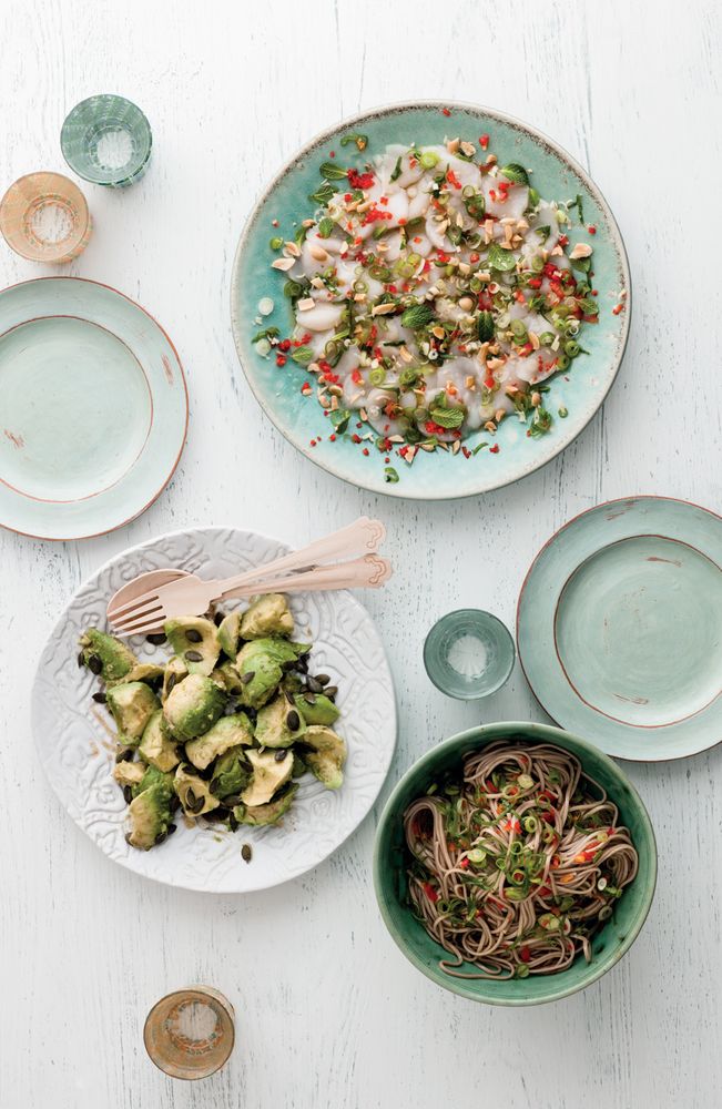 Iain’s Mighty Scallop Ceviche with Buckwheat Noodles & Avocado Salad from Mighty Spice Express Cookb