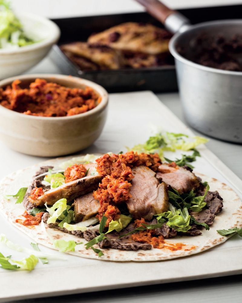 Duck Tostadas with Black Beans & Salsa from Mighty Spice Express Cookbook by John Gregory-Smith