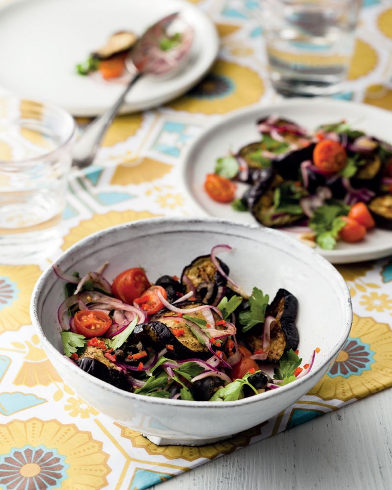 Warm East-Med Aubergine &amp; Tomato Salad from Mighty Spice Express Cookbook by John Gregory-Smith