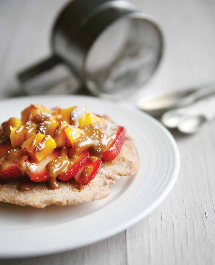 Buñuelos Topped with Strawberries, Mangos, and Caramel from Muy Bueno: Three Generations of Authenti
