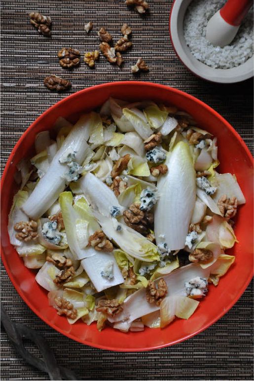 Crisp Endive Salad with Roquefort Salad and Walnuts from My Paris Market Cookbook by Emily Dilling