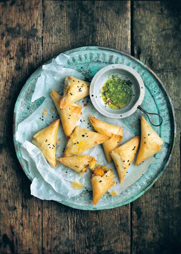 Pumpkin & Feta Triangles with Mint Dipping Sauce from My Street Food Kitchen by Jennifer Joyce