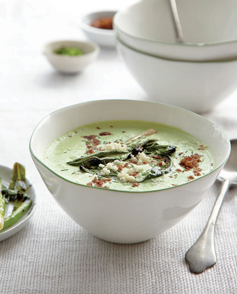 Spring Herb & Yogurt Soup with Grilled Scallions from Soups and Stews by The Editors of Saveur
