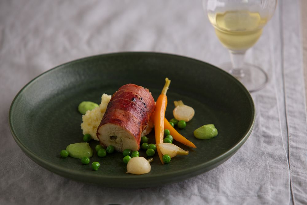 Chicken Ballotine with Spring Vegetables and Green Pea Mousse from At Home with Sous Vide by