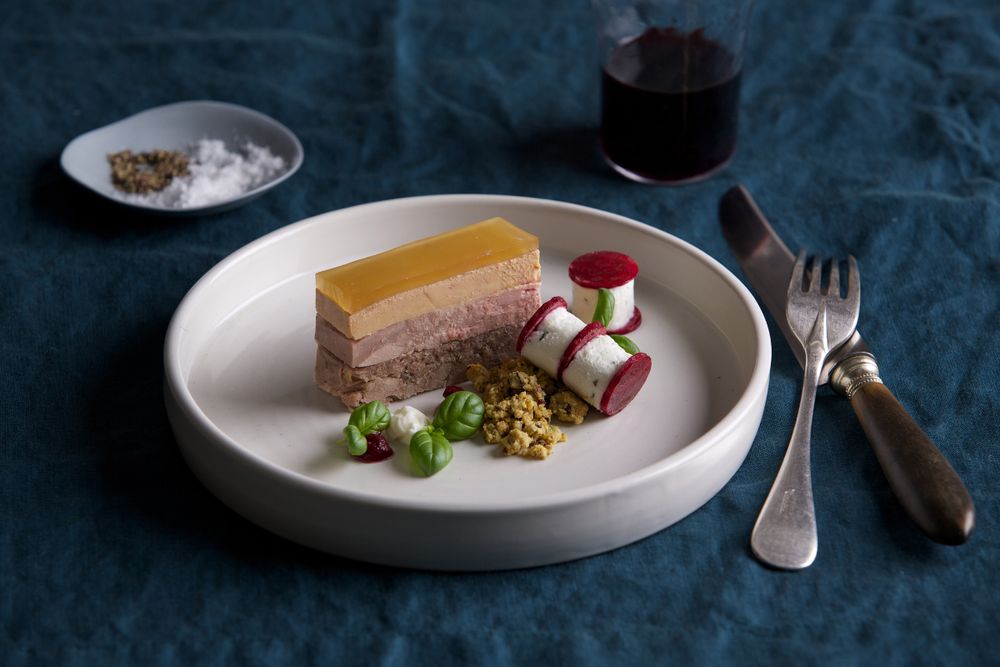 Quail, Confit Duck and Foie Gras Terrine with Pistachio Soil, Ruby