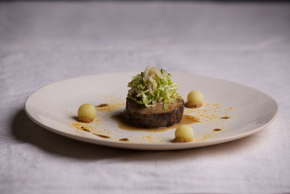 Slowcooked Pork Neck, Cuttlefish and Cabbage Salad with Tonkotsu Sauce