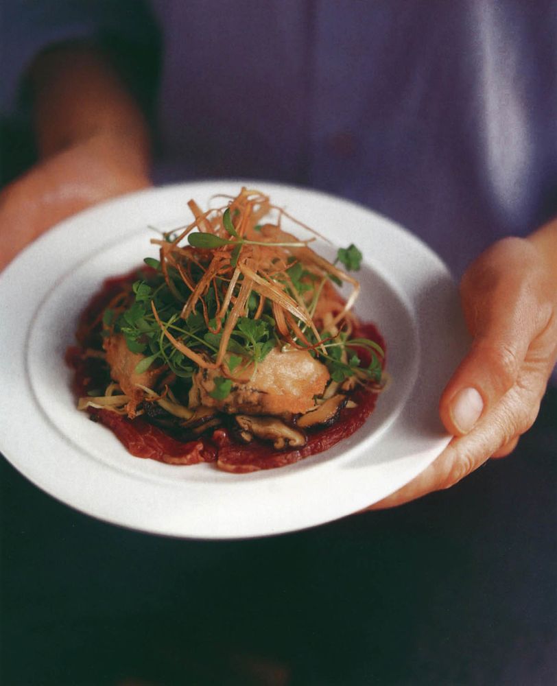 Salad of BeerBattered Oysters, Greek Cress, Shiitake Mushrooms and
