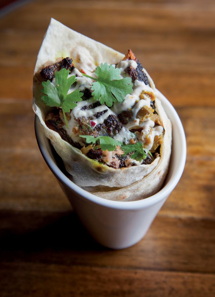 SpicedMackerelKebab, AubergineChutney, TahiniSauce from Sex & Drugs & Sausage Rolls by