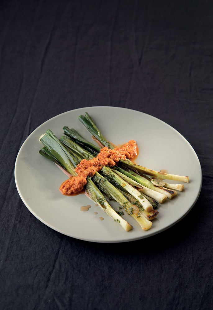 Roasted Baby Leeks with Romesco from Seasonal Salads by Fi Buchanan