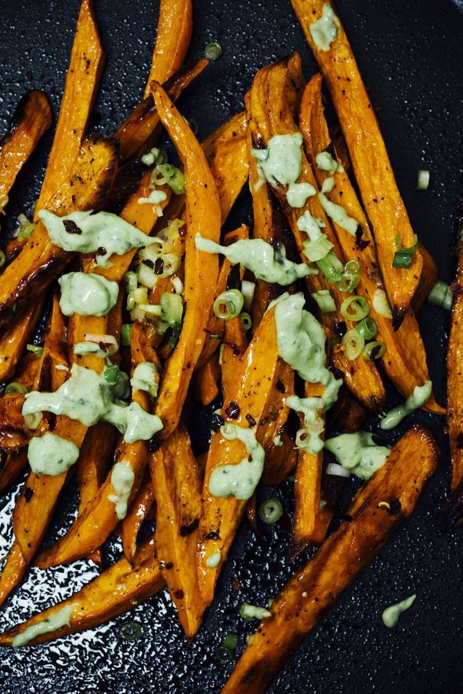 Sweet Potato Fries with Basil Yogurt Sauce from Season: Big Flavors, Beautiful Food by Nik Sharma