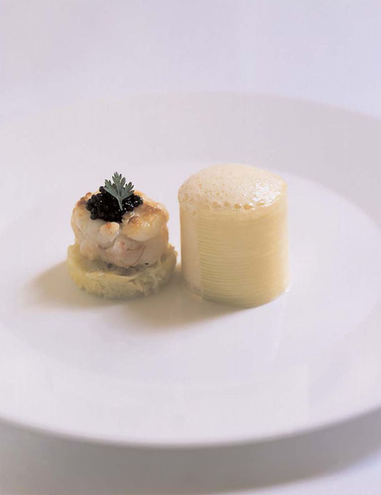 Scallop Mousse with Roast Scampi Tail, Champagne Veloute and Caviar