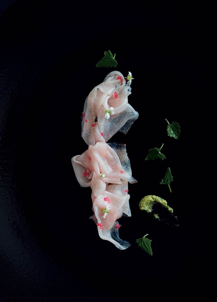 Cured Swordfish Belly with Finger Lime and Tasmanian Wasabi Flowers and