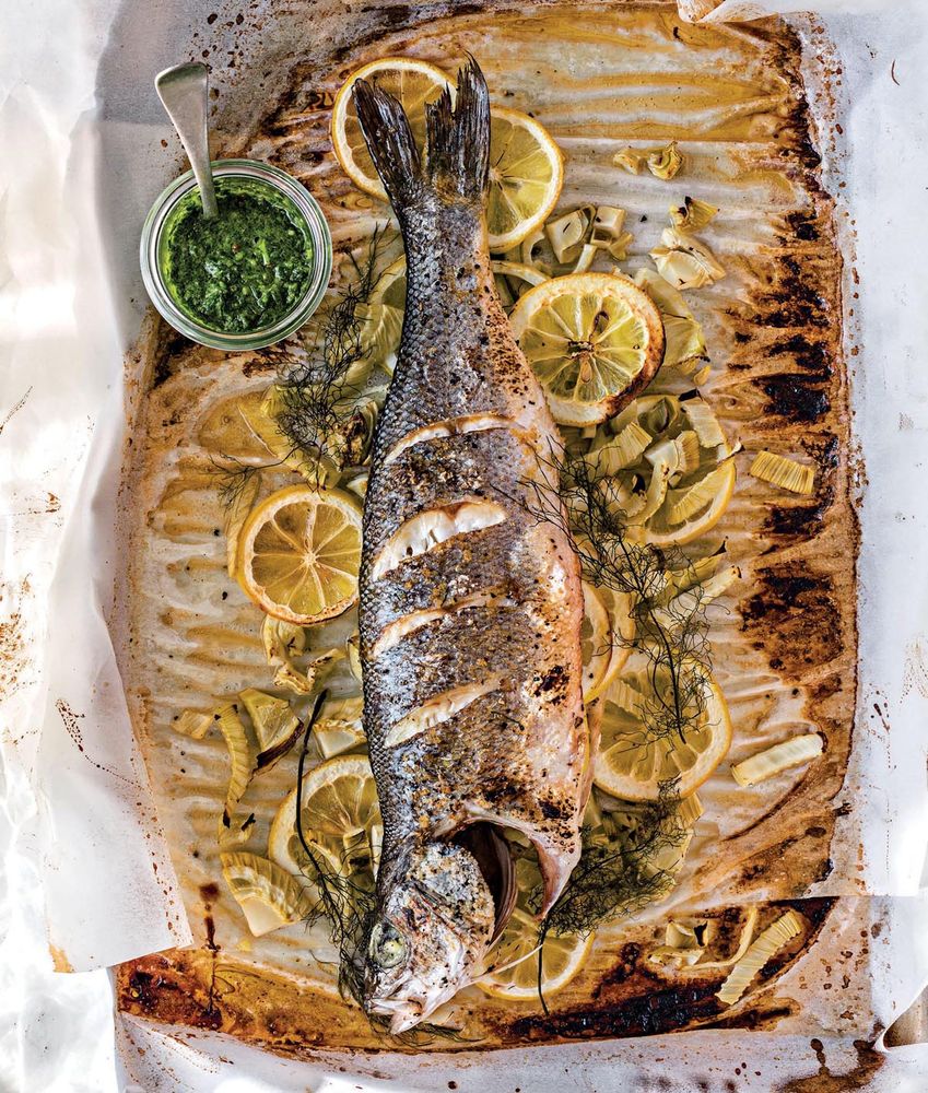 Whole Roasted Fish with Fennel, Lemons & Chimichurri Sauce from Sheet ...