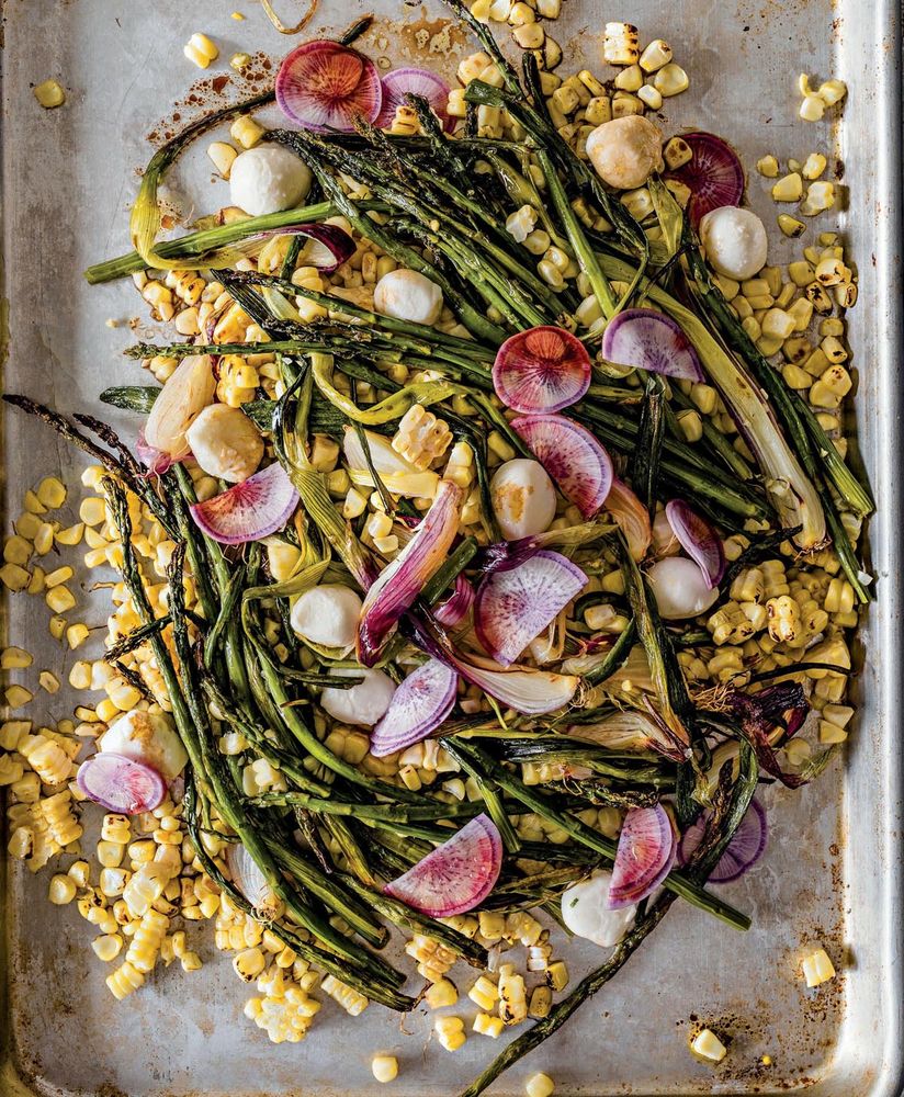 Roasted Corn, Asparagus & Spring Onion Salad with Fresh Mozzarella from Sheet Pan: Delicious Recipes