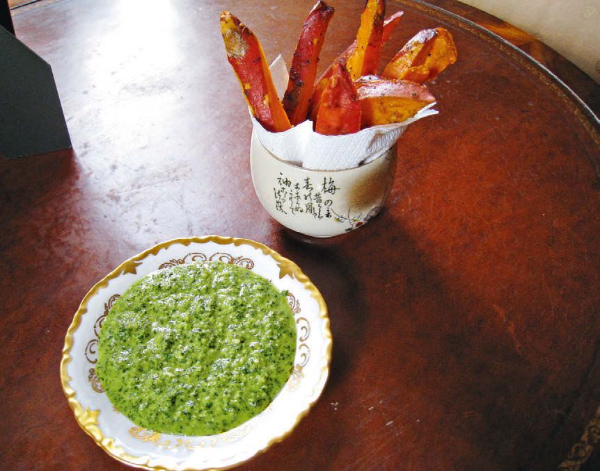 Roasted Sweet Potatoes with Coriander Chutney from Silk Road Vegetarian: Vegan, Vegetarian and Glute