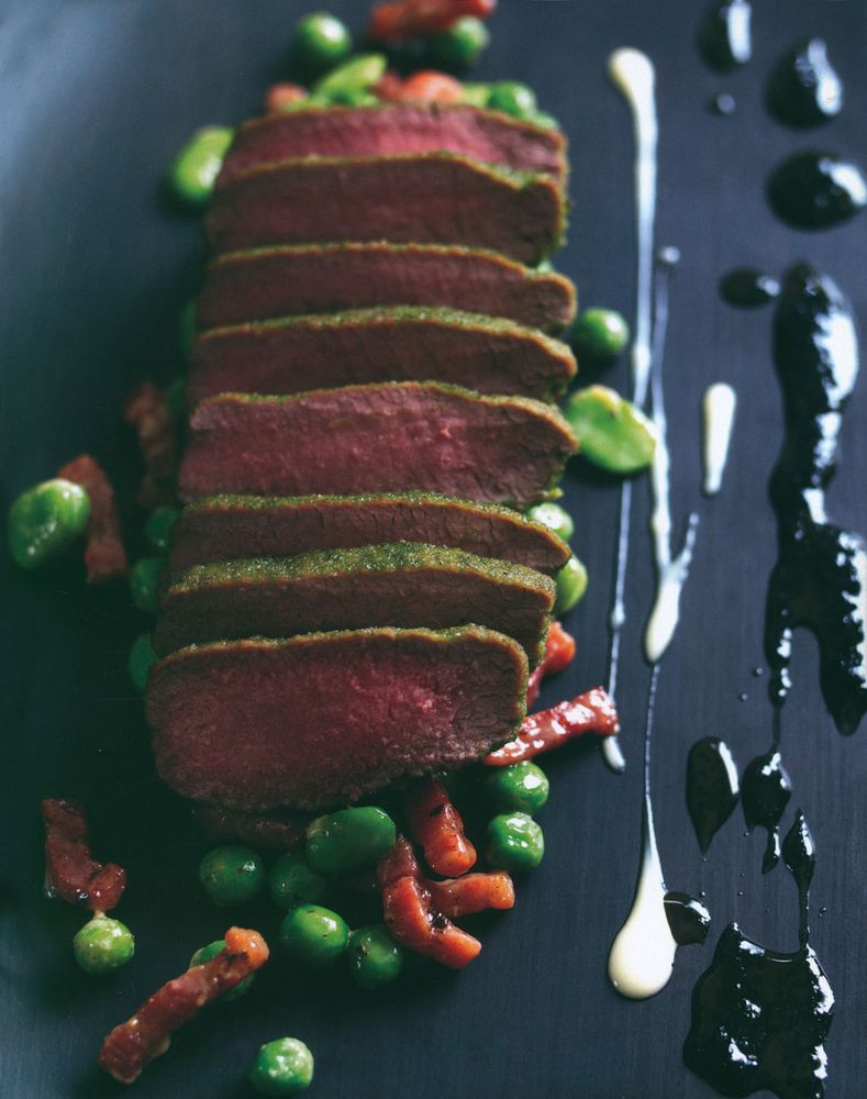 Herb crushed lamb with peas. broad beans and smoked bacon from Simple to Sensational by Jun Tanaka