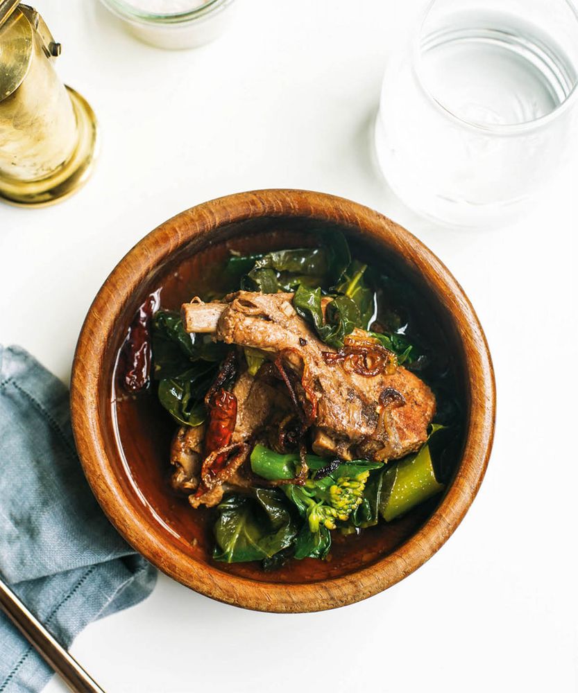 Garlicky Pork Ribs Soup with Tamarind and Greens from Slow Cook Modern by Liana Krissoff