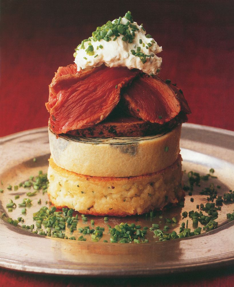Peppered kangaroo fillet with nori omelette, wasabi potato pikelet and horseradish cream from Spice 