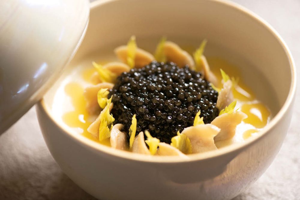 Fennel Panna Cotta with Cockles, Orange Emulsion, and Caviar from Gabriel Kreuther The Spirit