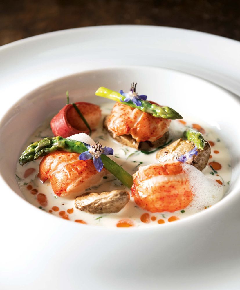 Roasted Maine Lobster in a Folly of Herbs with Green Asparagus and