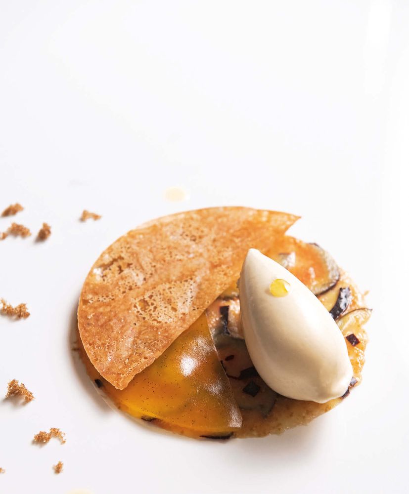 Fig Carpaccio with Nutmeg Tuile, Passion Fruit Gelée, and Olive Oil Ice Cream from Gabriel