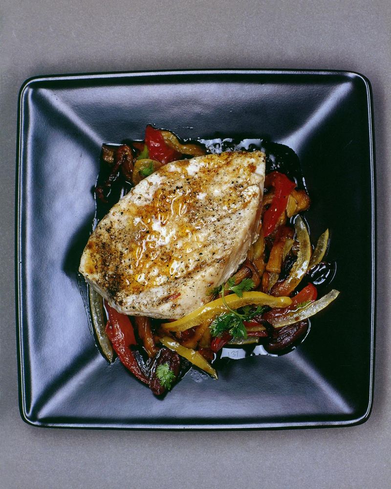 Grilled swordfish with eggplant, tomato, preserved lemon and olives