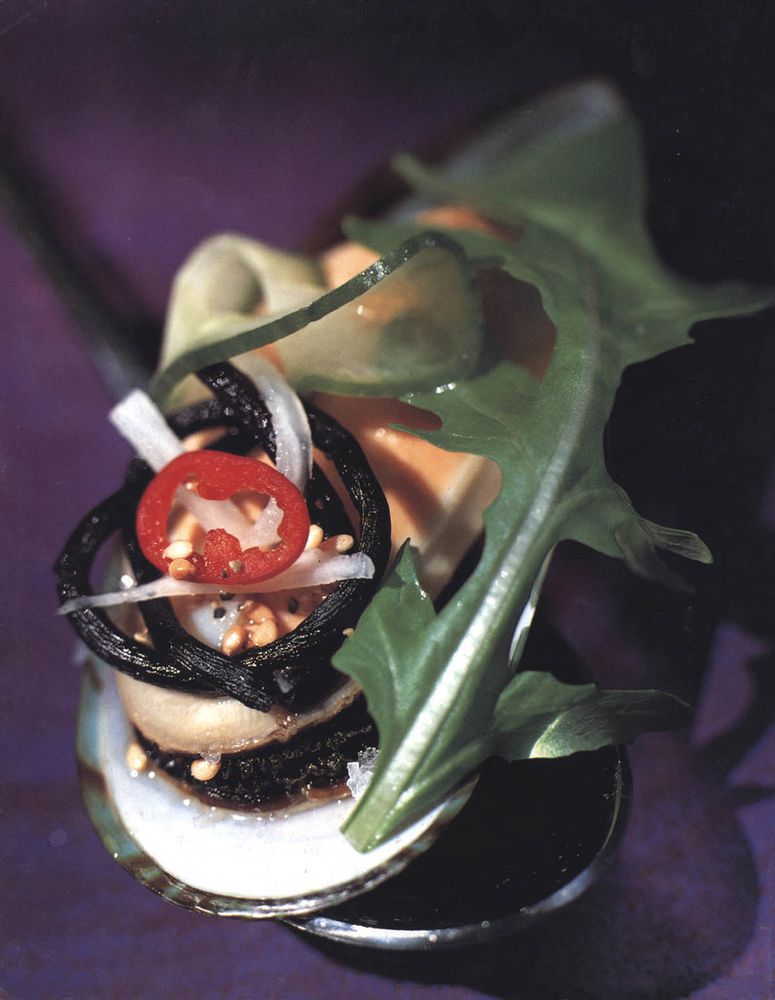 New Zealand Green-Shell Mussels with Mooli, Hijiki, Chilli & Rocket from The Sugar Club Cookbook by 