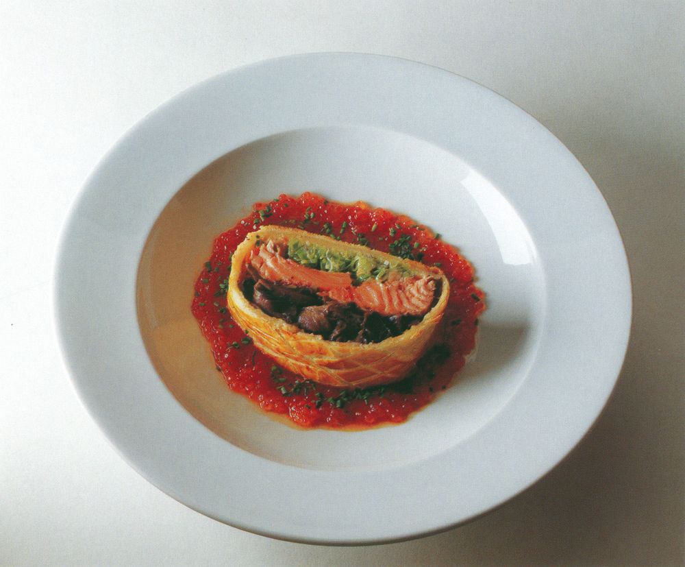 Ocean Trout Fillet, Leeks and Mushrooms Baked in Pastry with Tomato