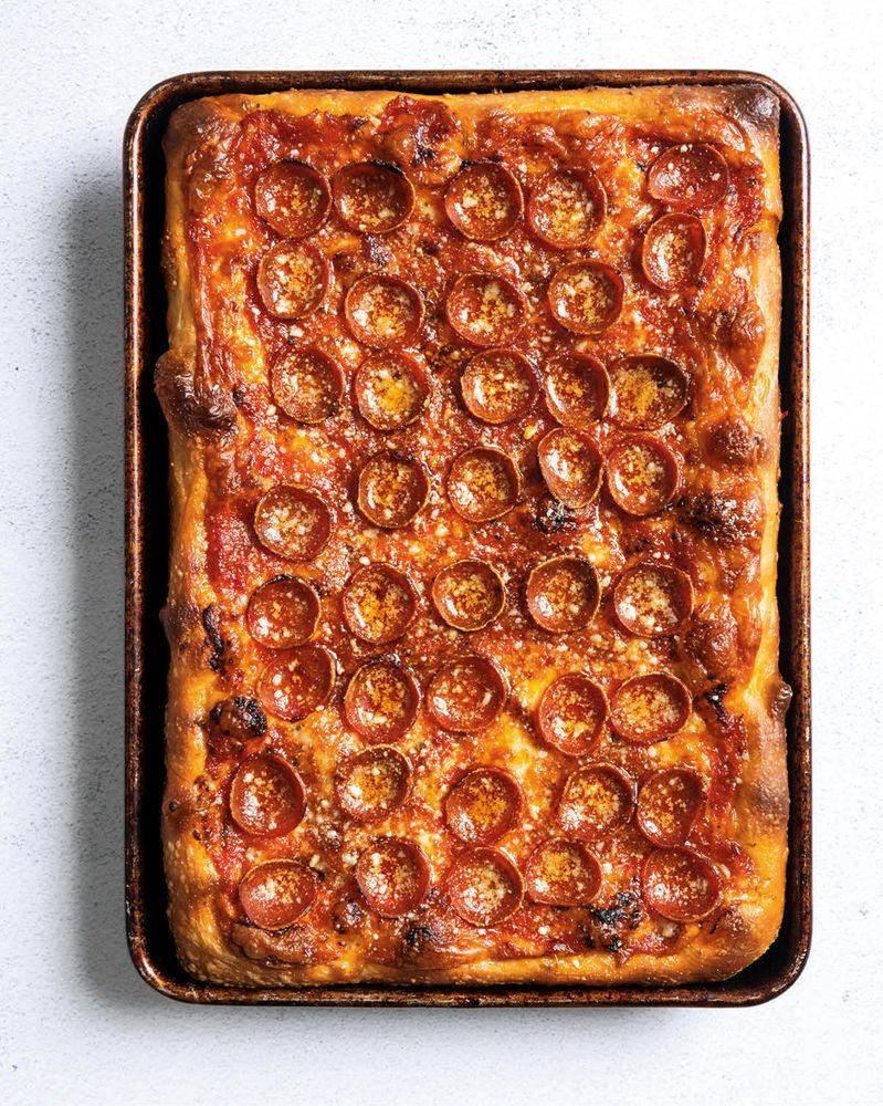 Sicilian Pizza With Pepperoni and Spicy Tomato Sauce Recipe