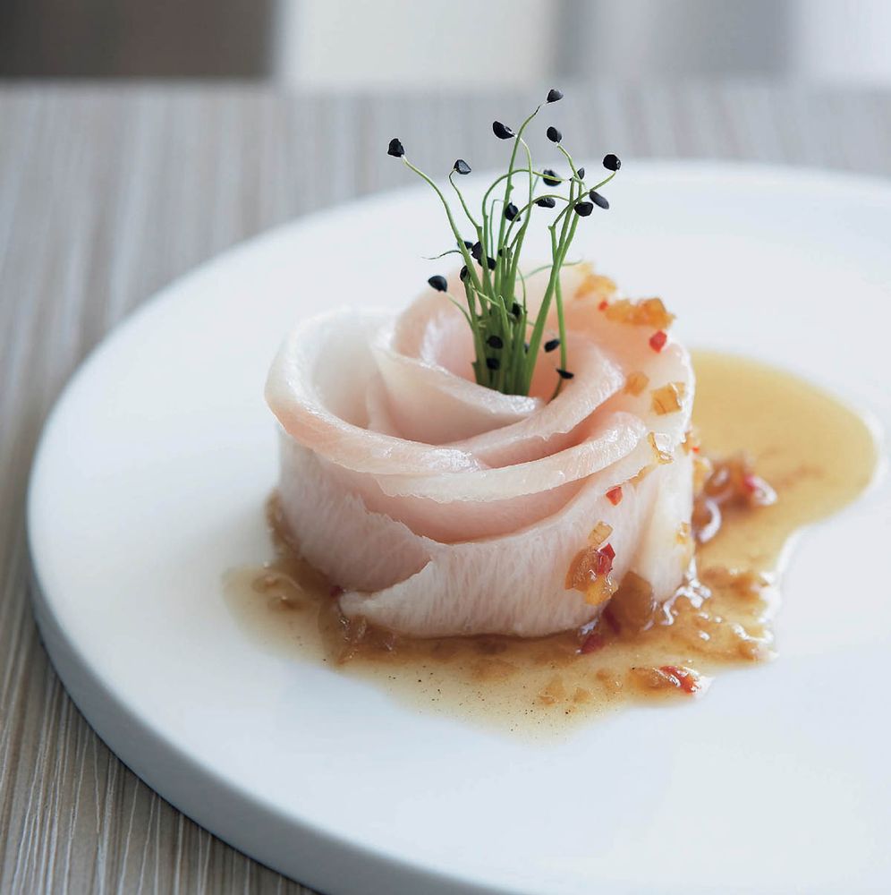 Raw Kingfish with Sweet Ginger and French Shallot Dressing Garlic