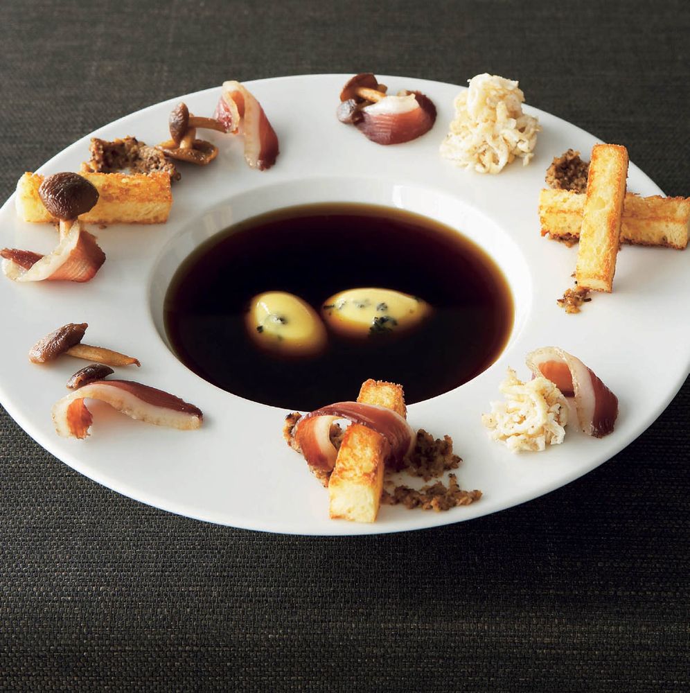 Foie Gras and Truffle Studded Egg Yolk with Mushroom Chutney Fried