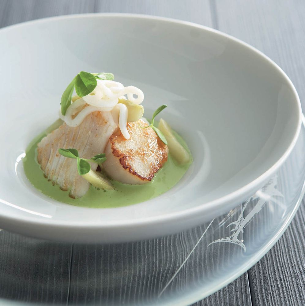 Seared John Dory, Scallop and Cuttlefish with Artichoke Stems Basil