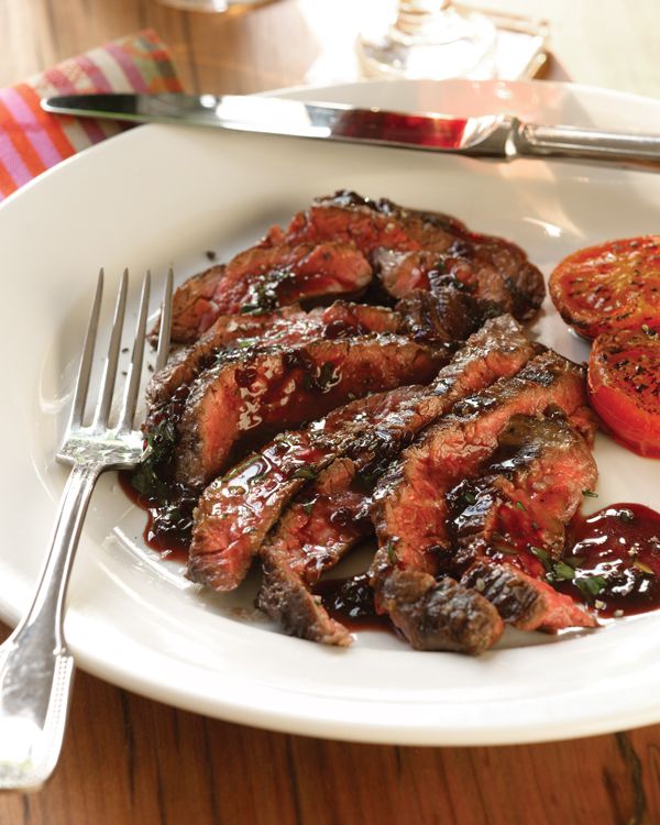 Hanger Steak with Marchand de Vin (Wine Merchant) Sauce from Planet Barbecue by Steven Raichlen