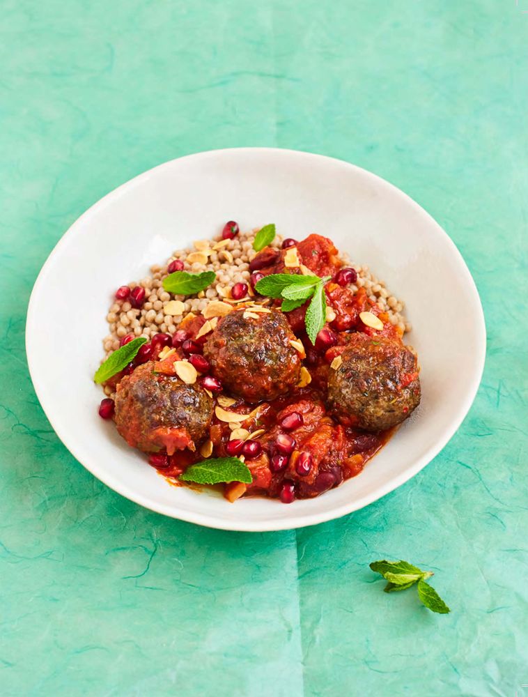 Spicy Middle Eastern lamb meatballs with giant couscous from Prue My