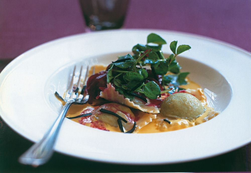 Green pea ravioli with saffron butter and truffled beetroot salad from Pure Vegetarian by Paul Gayler