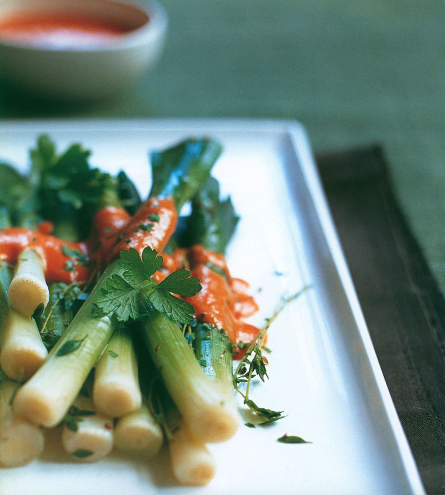 Spanish romescu baby leeks from Pure Vegetarian by Paul Gayler