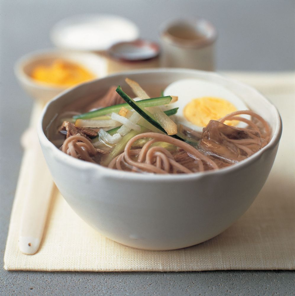 Cold beef broth with buckwheat ramen from Ramen by Heather Whinney