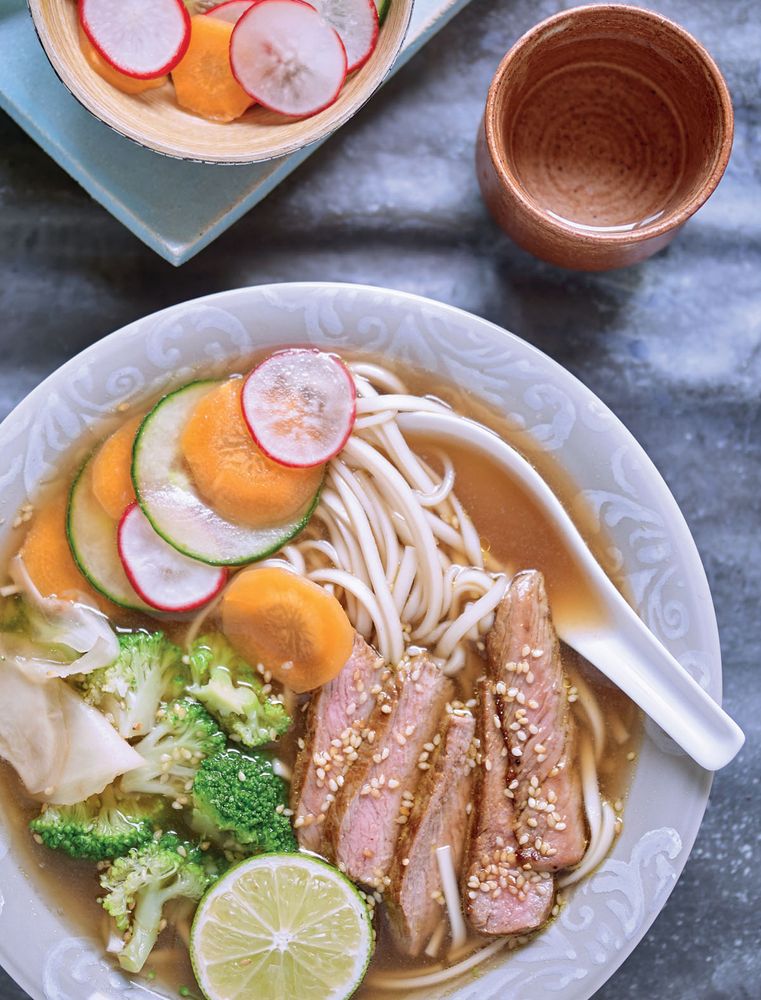 Teriyaki beef ramen with pickled vegetables from Ramen by Heather Whinney