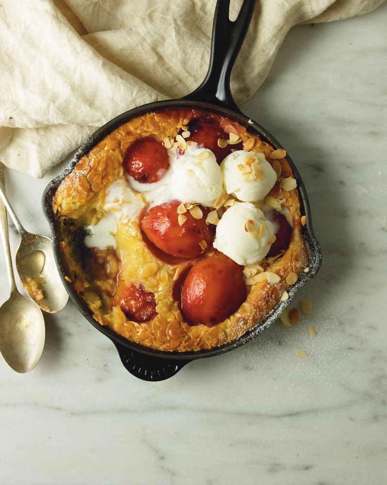 Baked Plum & Almond Pudding With Brandy Cream from Reuben at Home by