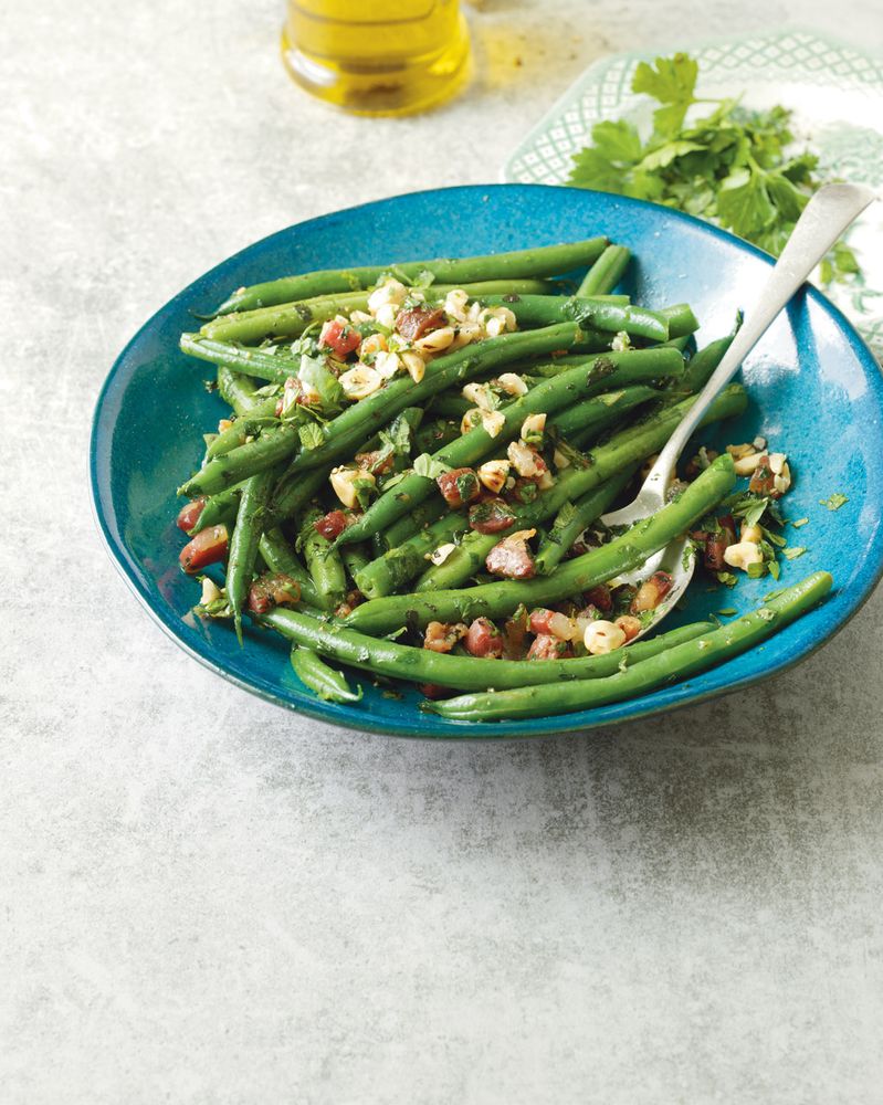 Green Beans With Pancetta, Mint & Hazelnuts from Reuben at Home by Reuben Riffel