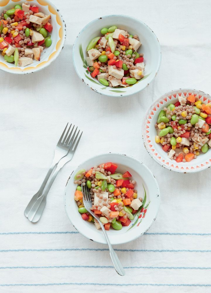 Giant Couscous Salad with Rainbow Veggies and Chicken from Real Food