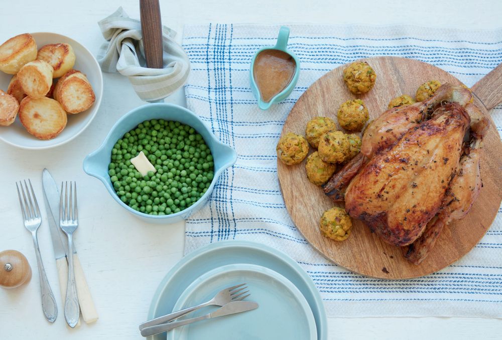 Roast Chicken with Butternut Squash, Thyme and Sage Stuffing Balls from
