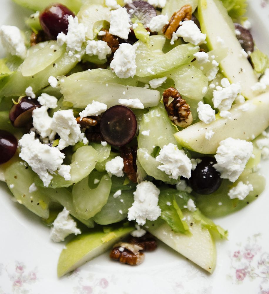 Celery Stalk Salad w/Grapes, Apples, Goat Cheese, and Pecans from
