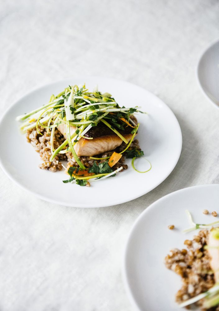 Marinated Leek Salad w/Wheat Berries, Carrots, and Seared Salmon from