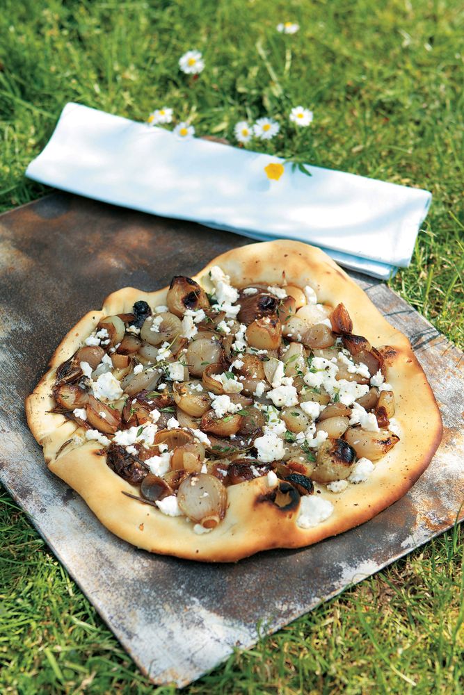 Caramelized Shallot and Feta Pizza from Woodfired Oven Cookbook by