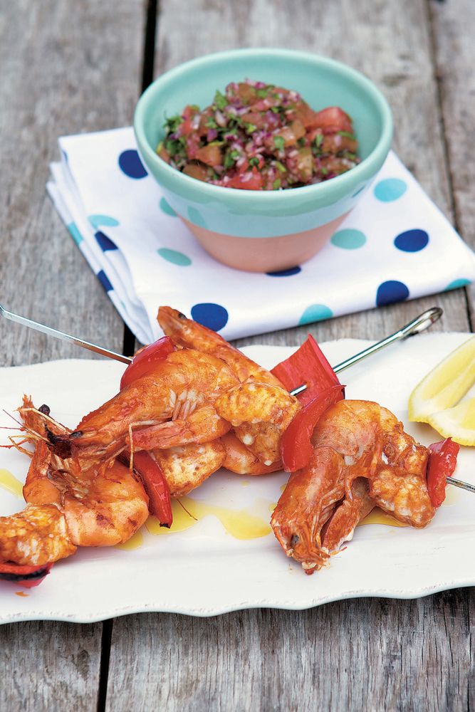 Monkfish and Prawn Skewers with Coriander Salsa from Wood-fired Oven ...