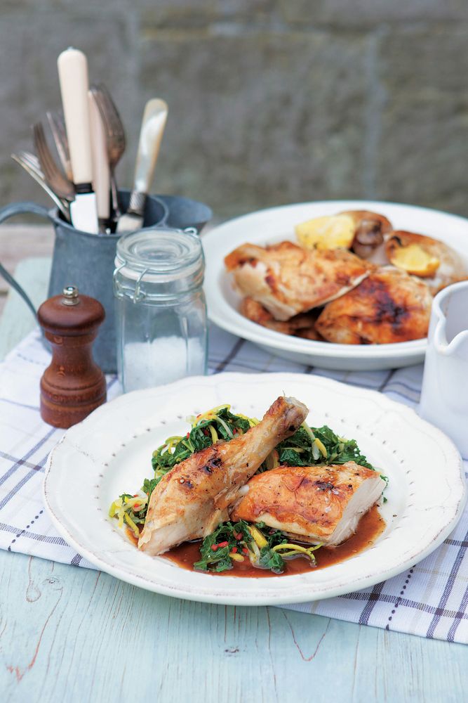 Lemon and Thyme Roasted Chicken with Wilted Greens from Woodfired Oven